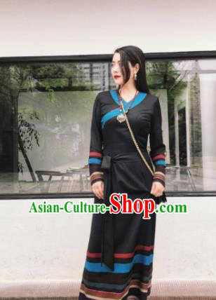 Chinese Traditional Zang Nationality Female Black Dress Tibetan Robe Ethnic Dance Costume for Women