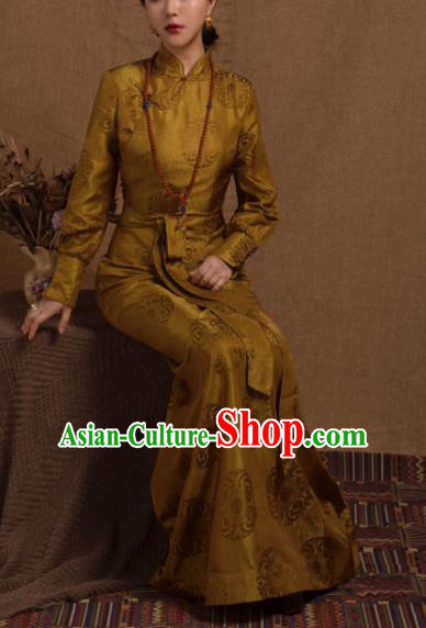 Chinese Traditional Ethnic Golden Tibetan Robe Zang Nationality Female Dress Costume for Women