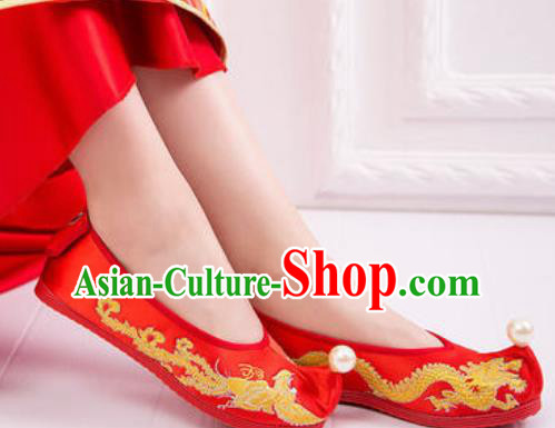 Chinese Embroidered Phoenix Shoes Traditional Opera Red Satin Shoes Wedding Shoes Hanfu Princess Shoes for Women