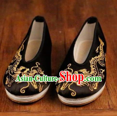 Chinese Embroidered Dragons Shoes Traditional Opera Black Satin Shoes Wedding Shoes Hanfu Princess Shoes for Women