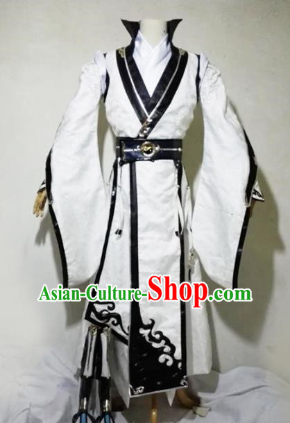 Chinese Traditional Cosplay Taoist Priest Royal Highness White Costume Ancient Swordsman Hanfu Clothing for Men