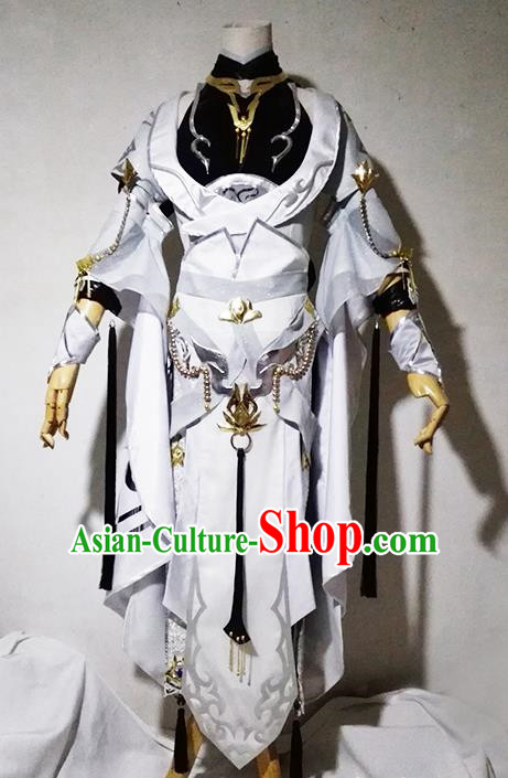 Chinese Traditional Cosplay Female Warrior Costume Ancient Swordsman Taoist Nun White Dress for Women