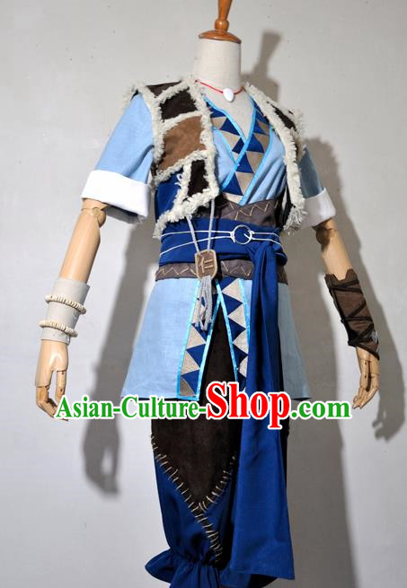 Chinese Traditional Cosplay Young Knight Blue Costume Ancient Swordsman Hanfu Clothing for Men