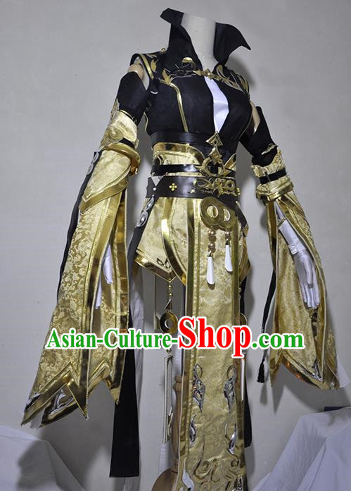 Chinese Traditional Cosplay Knight Costume Ancient Queen Swordsman Golden Dress for Women