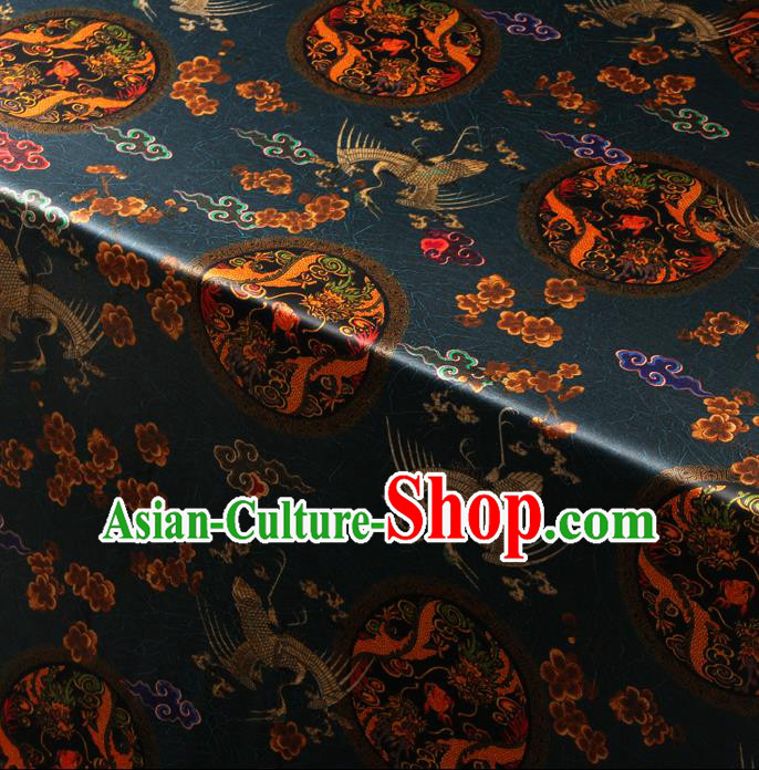 Chinese Traditional Classical Dragon Crane Pattern Navy Blue Brocade Damask Asian Satin Drapery Silk Fabric