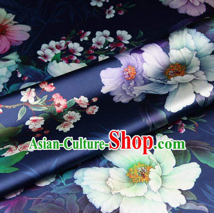Chinese Traditional Classical Peach Flowers Pattern Navy Brocade Damask Asian Satin Drapery Silk Fabric