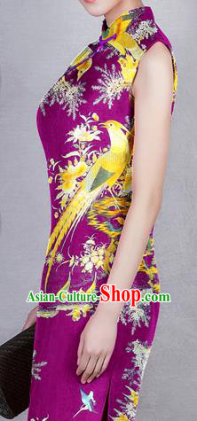 Chinese Traditional Classical Flowers Birds Pattern Purple Brocade Damask Asian Satin Drapery Silk Fabric