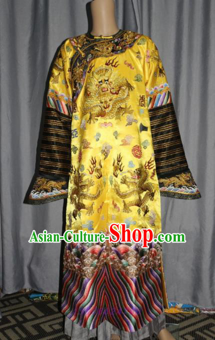 Chinese Traditional Drama Manchu Golden Costume Ancient Qing Dynasty Emperor Imperial Robe for Men