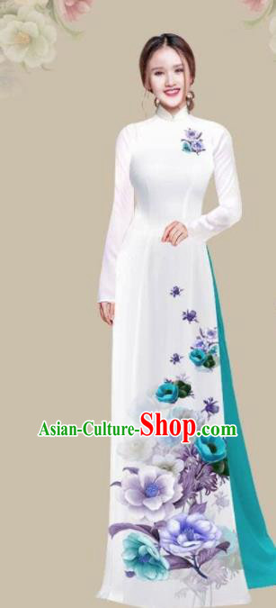 Asian Vietnam Traditional Printing Camellia White Dress Vietnamese National Classical Ao Dai Cheongsam for Women