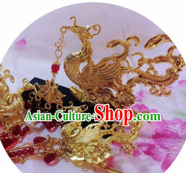 Chinese Ancient Palace Princess Golden Phoenix Tassel Hairpins Traditional Hanfu Hair Accessories for Women