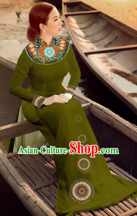 Asian Vietnam Traditional Bride Olive Green Dress Vietnamese National Classical Ao Dai Cheongsam for Women