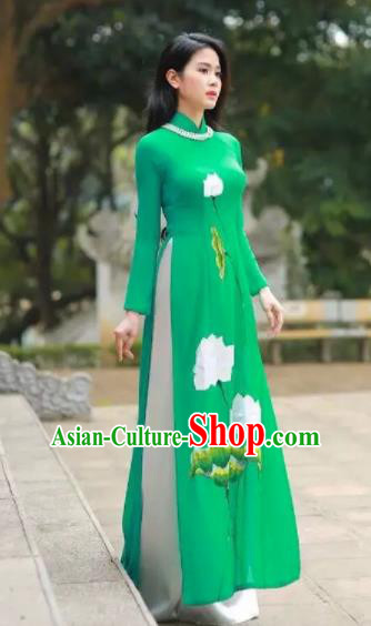 Asian Vietnam Traditional Bride Printing Lotus Green Dress Vietnamese National Classical Ao Dai Cheongsam for Women