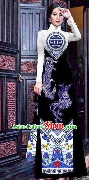 Asian Vietnam Traditional Printing Phoenix Black Cheongsam Vietnamese Ao Dai  Qipao Dress for Women