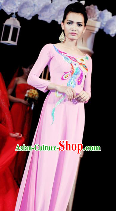 Asian Vietnam Traditional Pink Dress Bride Costume Vietnamese National Classical Ao Dai Cheongsam for Women