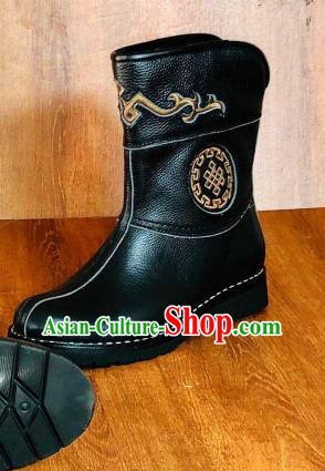 Traditional Chinese Mongol Nationality Wedding Shoes Mongolian Minority Folk Dance Black Leather Boots for Men