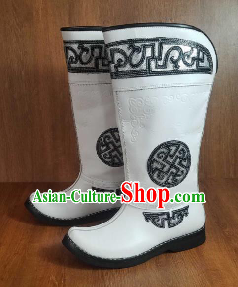 Traditional Chinese Mongol Nationality White Leather Boots Mongolian Minority Folk Dance Shoes for Men