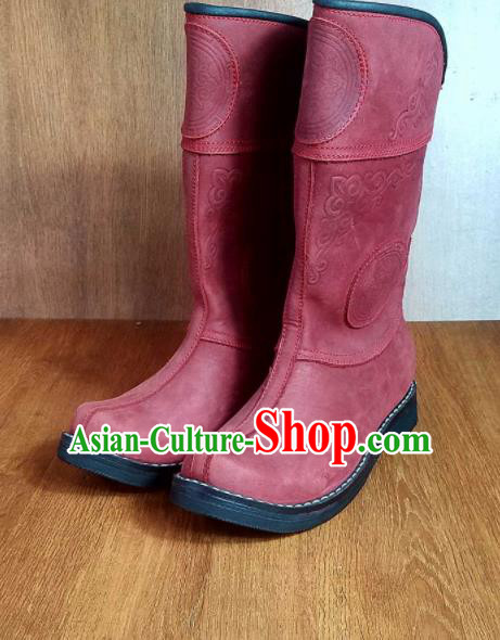 Traditional Chinese Mongol Ethnic Red Leather Boots Mongolian Minority Folk Dance Handmade Shoes for Men
