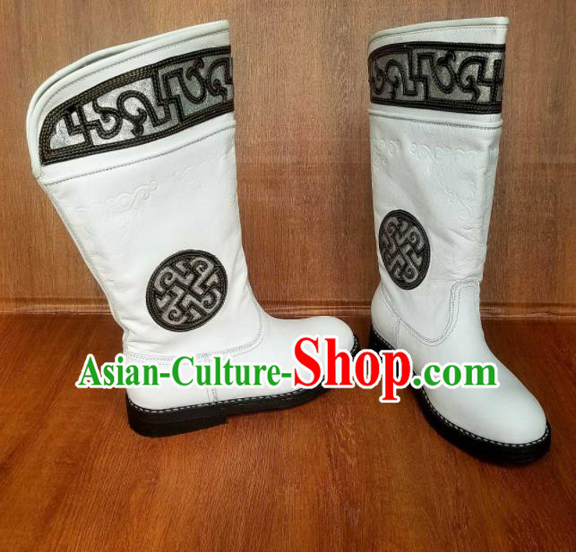 Traditional Chinese Mongol Ethnic Embroidered White Leather Boots Mongolian Minority Folk Dance Handmade Shoes for Men