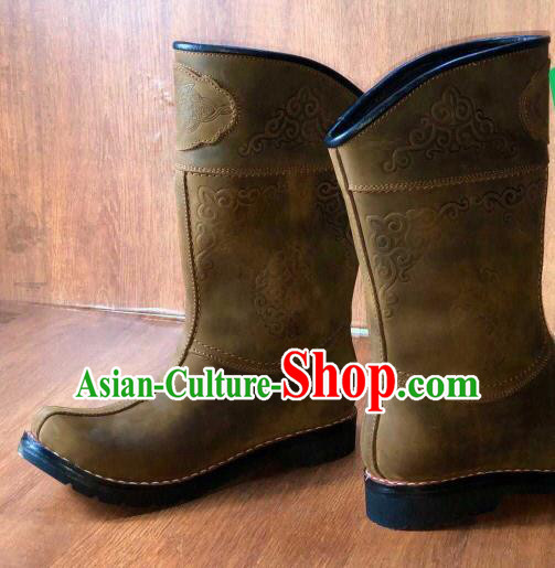 Traditional Chinese Mongol Ethnic Embroidered Khaki Leather Boots Mongolian Minority Folk Dance Handmade Shoes for Men