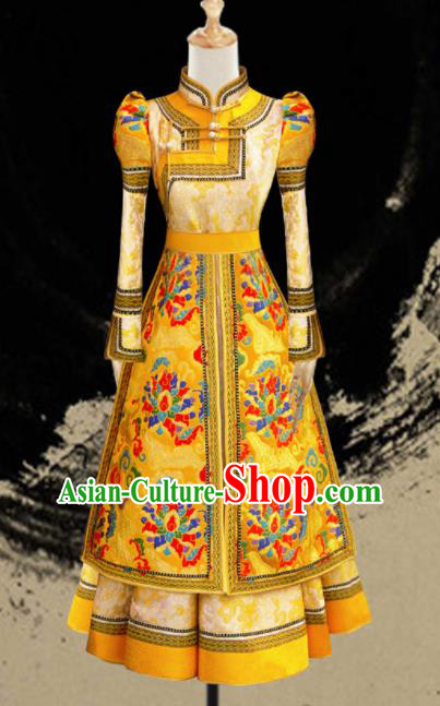 Traditional Chinese Mongol Ethnic Bride Golden Dress Mongolian Minority Folk Dance Embroidered Costume for Women