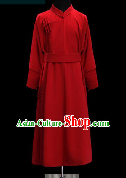 Chinese Traditional Mongol Ethnic Wedding Red Robe Mongolian Minority Folk Dance Costume for Men