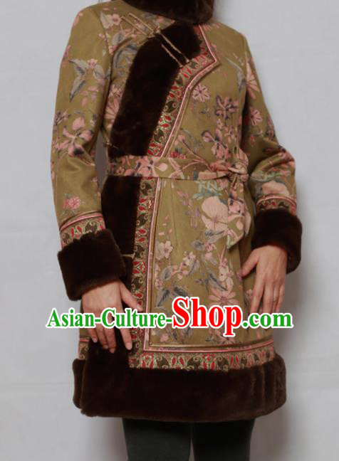 Traditional Chinese Mongol Ethnic Olive Green Cotton Wadded Jacket Mongolian Minority Folk Dance Costume for Women