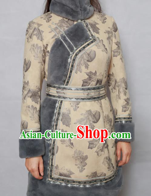 Traditional Chinese Mongol Ethnic Beige Cotton Wadded Jacket Mongolian Minority Folk Dance Costume for Women