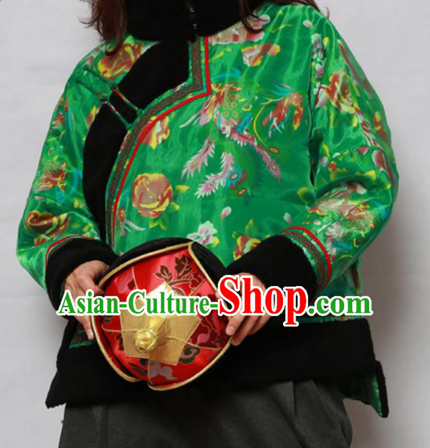 Traditional Chinese Mongol Ethnic Printing Green Cotton Wadded Jacket Mongolian Minority Folk Dance Costume for Women