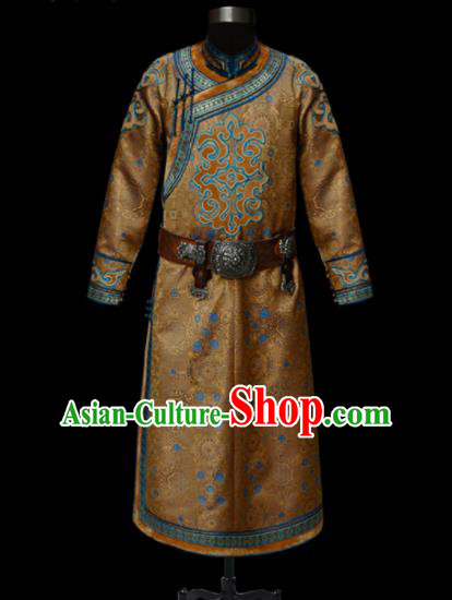 Chinese Traditional Mongol Ethnic National Ginger Robe Mongolian Minority Folk Dance Costume for Men