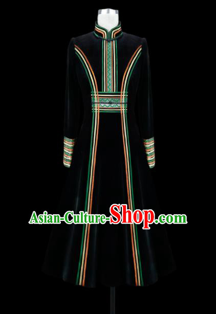 Traditional Chinese Mongol Ethnic National Black Velvet Dress Mongolian Minority Folk Dance Costume for Women