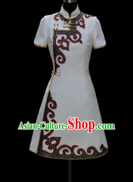 Traditional Chinese Mongol Ethnic National White Short Dress Mongolian Minority Folk Dance Costume for Women