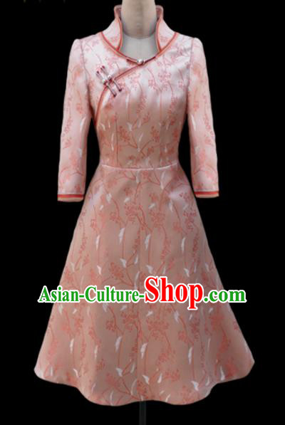 Traditional Chinese Mongol Ethnic National Pink Brocade Short Dress Mongolian Minority Folk Dance Costume for Women