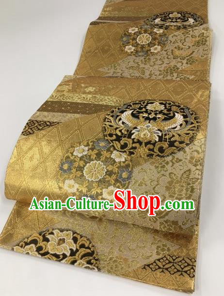 Japanese Kimono Classical Crane Pattern Golden Brocade Belt Asian Japan Traditional National Yukata Waistband for Women