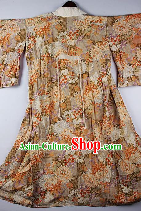 Japanese Traditional Ceremony Costume Printing Ginger Furisode Kimono Asian Japan National Yukata Dress for Women