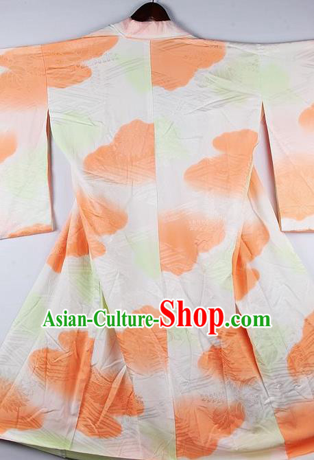 Japanese Traditional Ceremony Costume Orange Printing Furisode Kimono Asian Japan National Yukata Dress for Women