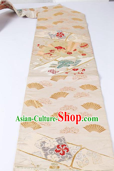Japanese National Kimono Classical Pine Fan Pattern Design Beige Brocade Belt Asian Japan Traditional Yukata Waistband for Women
