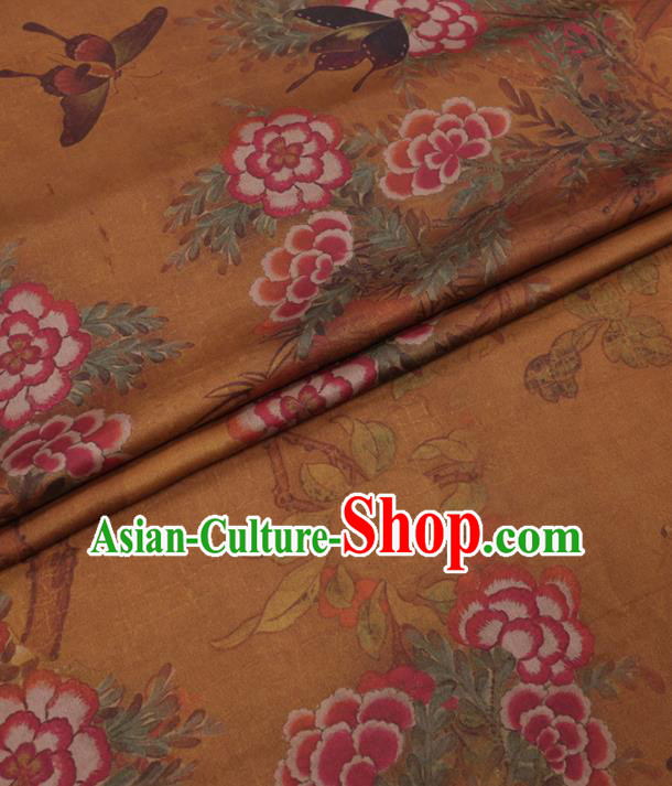 Traditional Chinese Yellow Gambiered Guangdong Gauze Classical Peony Butterfly Pattern Design Silk Fabric