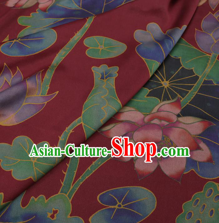Traditional Chinese Wine Red Gambiered Guangdong Gauze Classical Lotus Pattern Design Silk Fabric