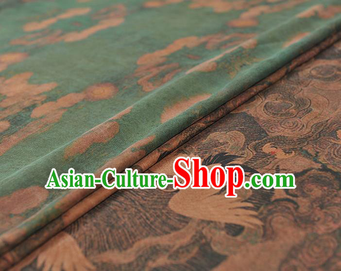 Chinese Traditional Classical Cranes Pattern Design Green Gambiered Guangdong Gauze Asian Brocade Silk Fabric