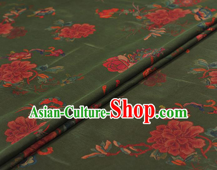 Chinese Traditional Peony Flowers Pattern Design Green Gambiered Guangdong Gauze Asian Brocade Silk Fabric