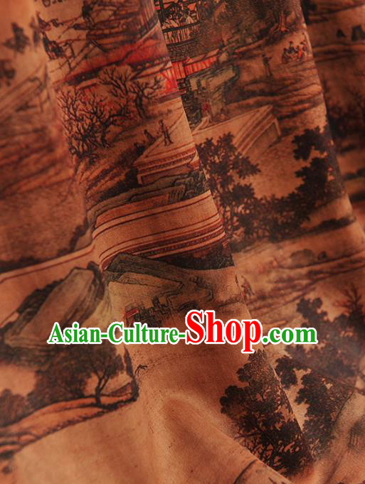 Chinese Traditional View Pattern Design Yellow Gambiered Guangdong Gauze Asian Brocade Silk Fabric