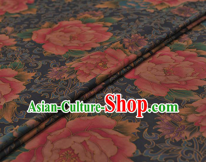 Chinese Traditional Peony Pattern Design Navy Gambiered Guangdong Gauze Asian Brocade Silk Fabric