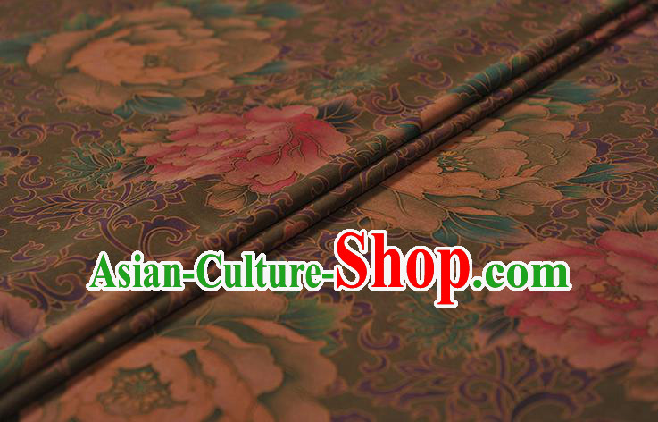 Chinese Traditional Peony Pattern Design Olive Green Gambiered Guangdong Gauze Asian Brocade Silk Fabric