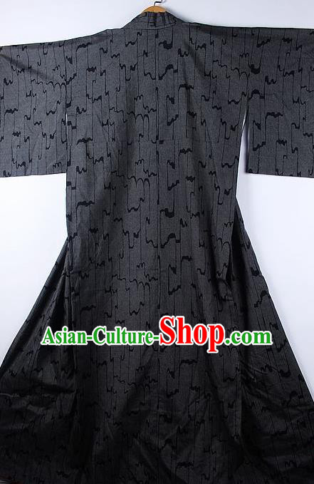 Asian Japanese Ceremony Classical Wave Pattern Black Kimono Traditional Japan National Yukata Costume for Men