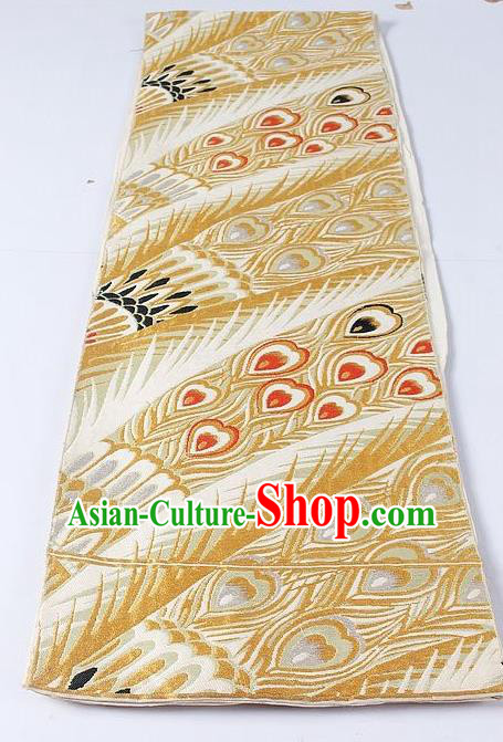 Asian Japanese Yukata Accessories Classical Feather Pattern Golden Brocade Belt Japan Traditional Kimono Waistband for Women