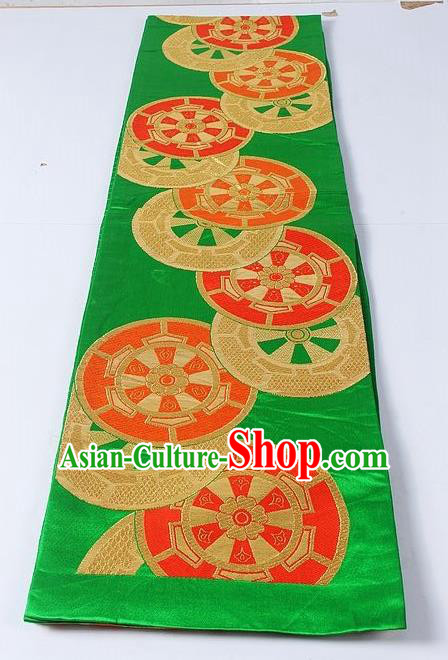 Asian Japanese Yukata Accessories Classical Wheel Pattern Green Brocade Belt Japan Traditional Kimono Waistband for Women