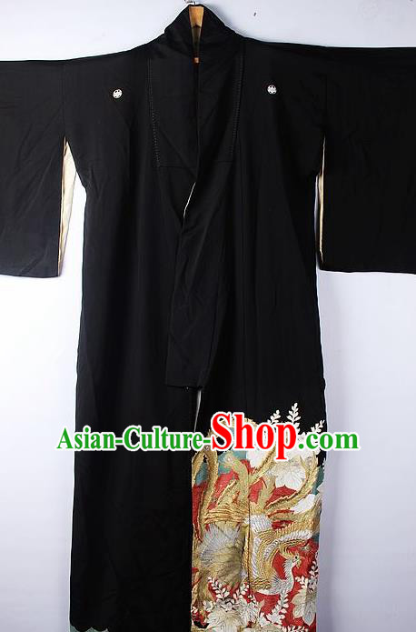 Asian Japanese Ceremony Clothing Classical Phoenix Pattern Black Kimono Traditional Japan National Yukata Costume for Men