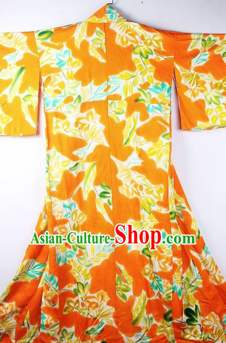 Asian Japanese National Printing Orange Iromuji Furisode Kimono Ceremony Costume Traditional Japan Yukata Dress for Women