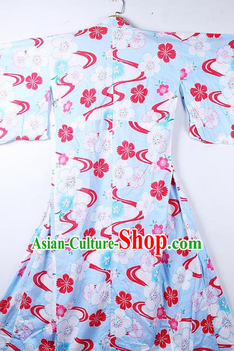 Asian Japanese Sakura Pattern Blue Furisode Kimono Ceremony Costume Traditional Japan Yukata Dress for Women