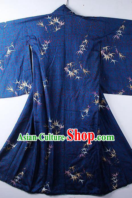 Asian Japanese Classical Bamboo Leaf Pattern Deep Blue Yukata Traditional Japan Kimono Costume for Men